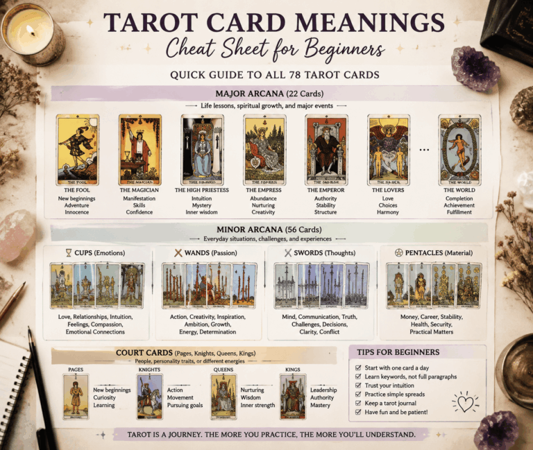 Tarot Card Meanings Cheat Sheet for Beginners: Complete Guide to All Cards